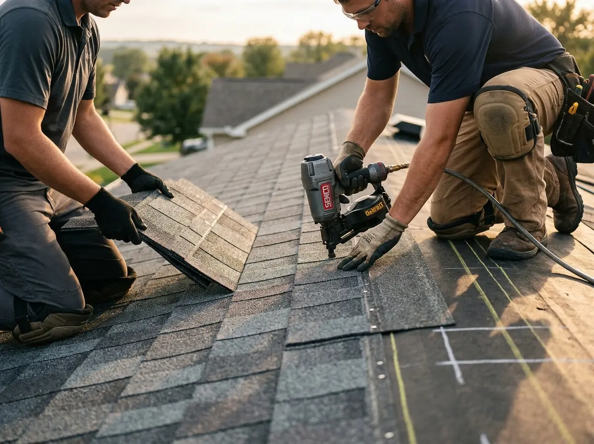Professional roofer working on a residential roof in Hilmar-Irwin